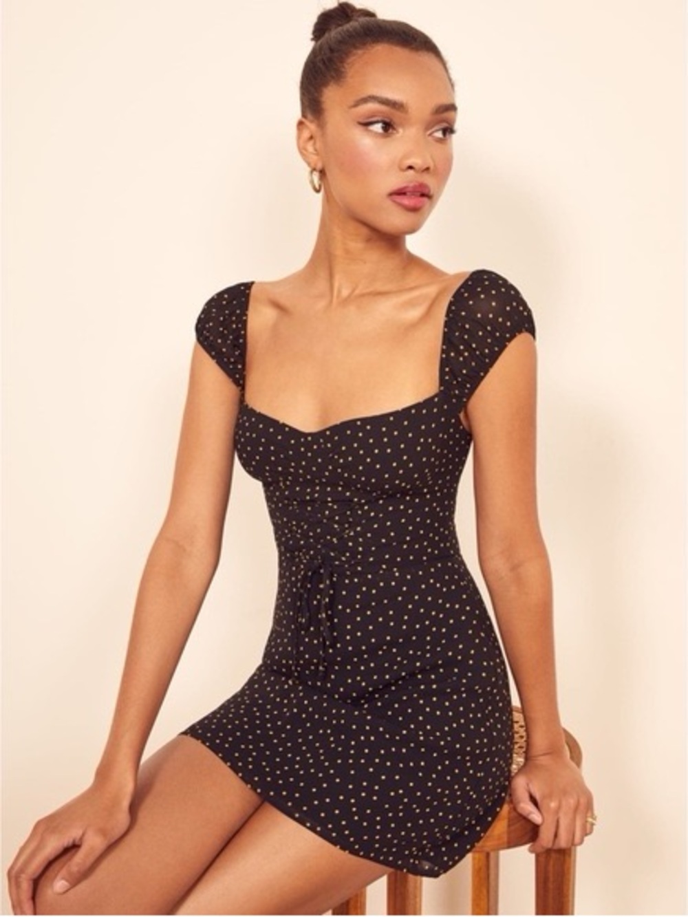 Reformation Black Mini Dress with Gold Dot Print